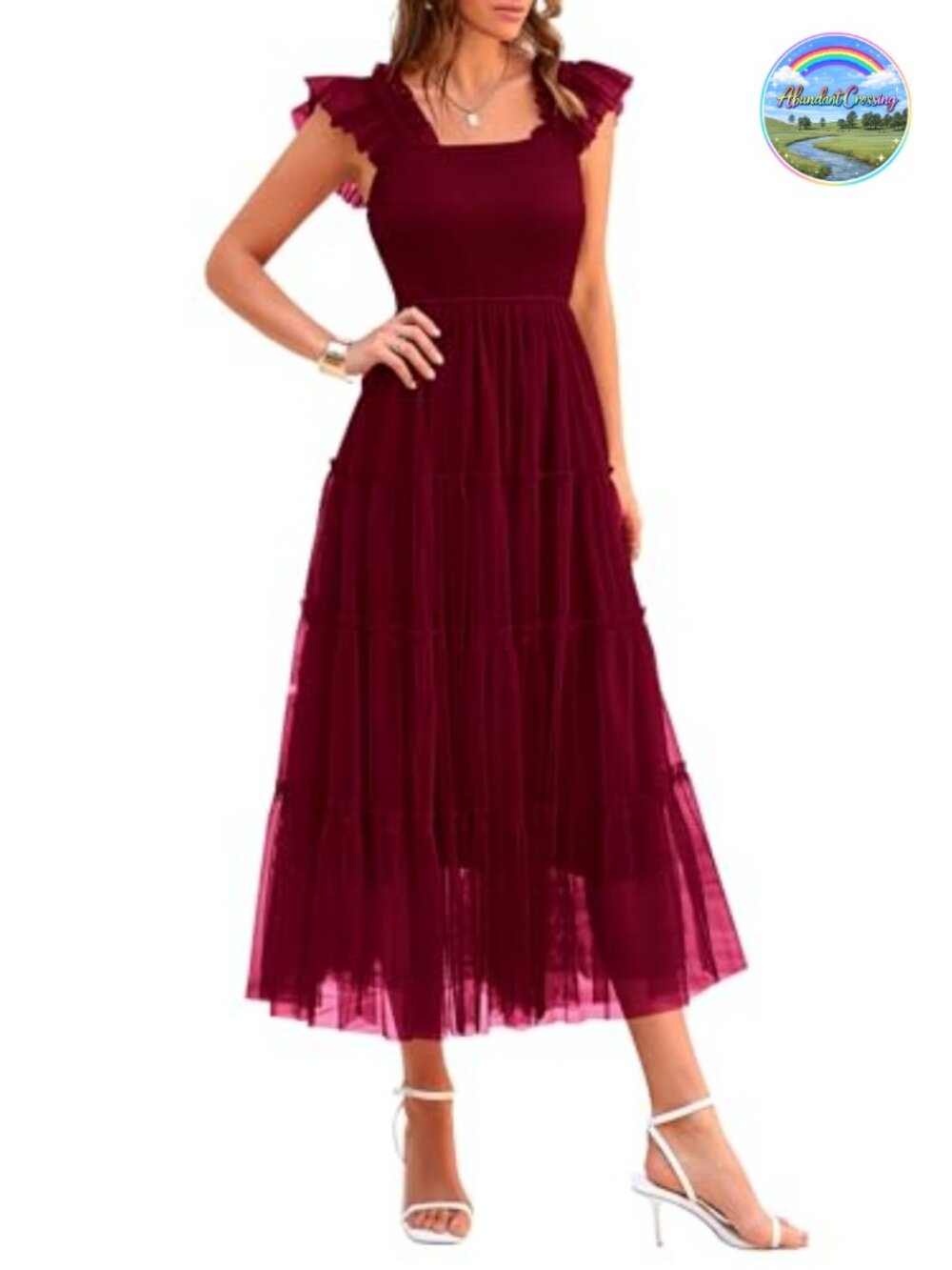 Women's Smocked Tulle Midi Dress Sleeveless Square Neck Tiered Ruffle Swing